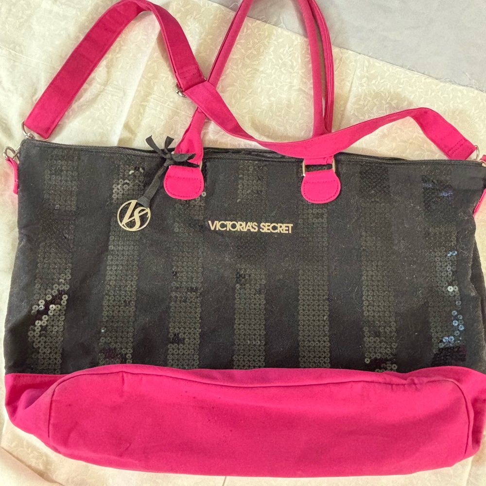 Victoria's Secret pink and black oversized Tote Bag gym bag hot pink & sequins!!